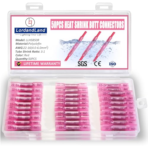 Red 50 Pcs Heat Shrink Butt Connectors Kit,Heat Shrink Wire Connectors,Waterproof Insulated Marine Automotive Crimp Terminals Butt Splice Connectors for Marine Automotive Motorcycle(Red 50PCS)