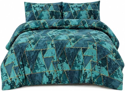 Image of HOMES-LINEN Arlo Triangles Geometric Reversible Easy Care Printed Duvet Cover Bedding Set (Teal, Double)