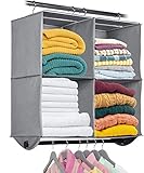 Hanging Closet Organizer with Garment Rod - 4 Section Heavy Duty Fabric Space Saver for Closets, Easy to Mount, Foldable Closet Storage Shelves, Grey with Black Metal Rod 24”W x 12”D x 29.5”H