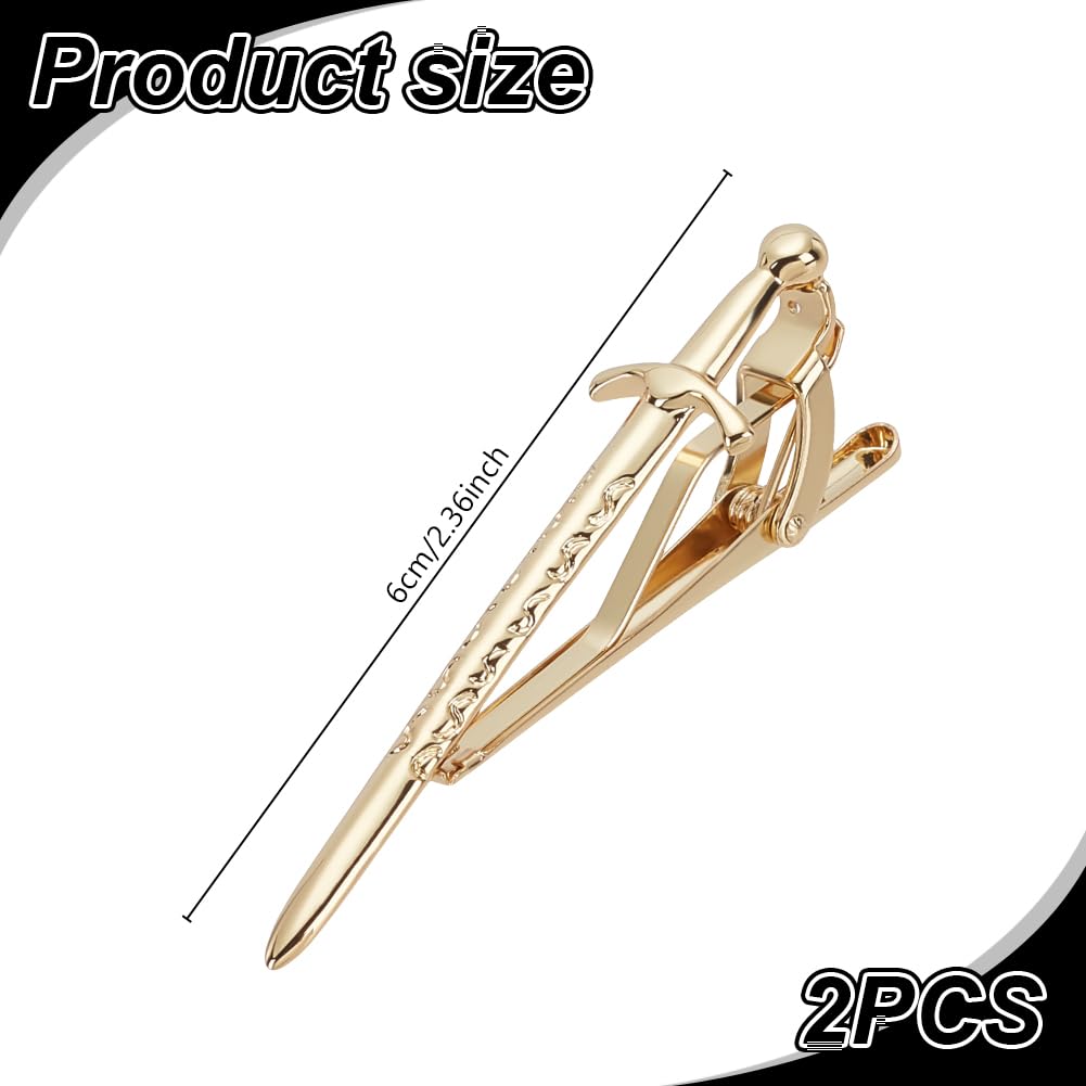 WEBEEDY 2 clips de corbata dorados con espada para hombre, accesorios de corbata para camisa, novio de boda, negocios, regalo único para caballeros, 6 cm de longitud, 6cm, Metal, No es una piedra