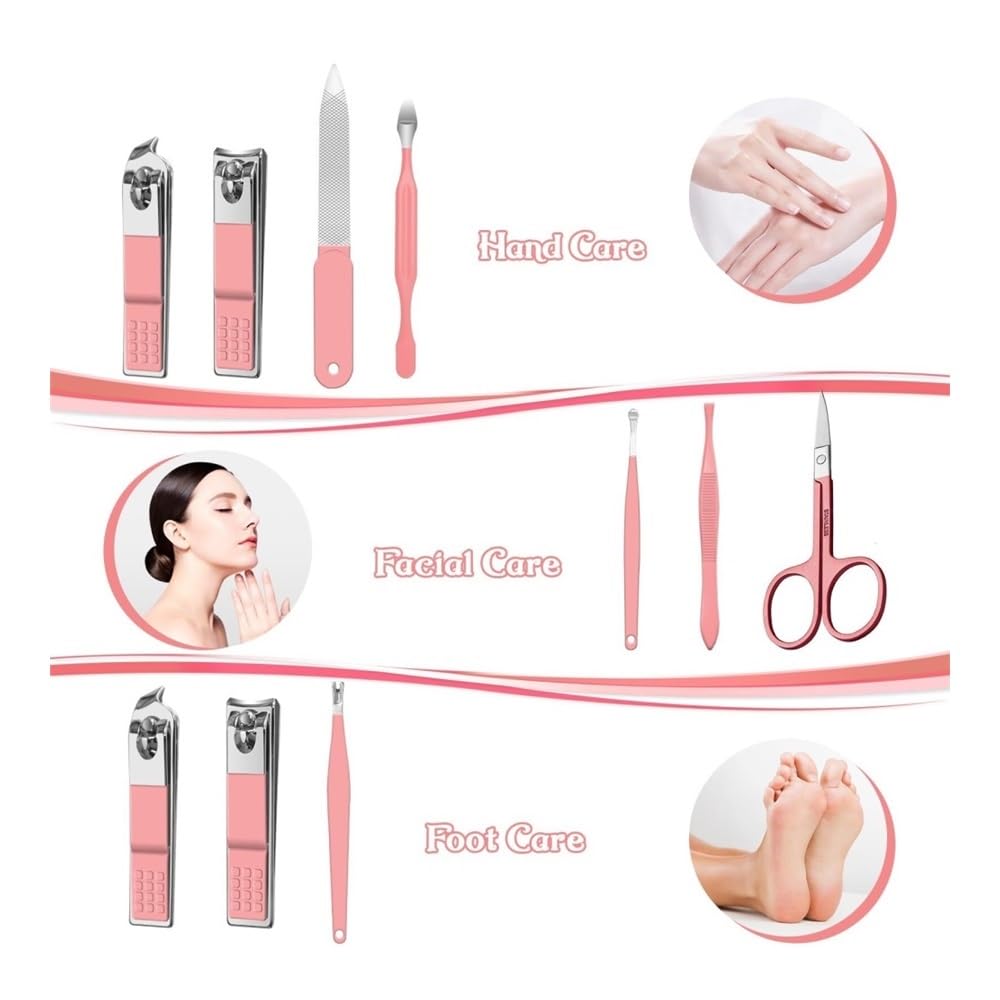 Zestaw obcinaczy do paznokci, Profesjonalny zestaw do manicure 8 w 1, obcinacz do paznokci do podróży i użytku domowego do stóp, obcinacza do paznokci i obcinaczy do pazn(Pink)