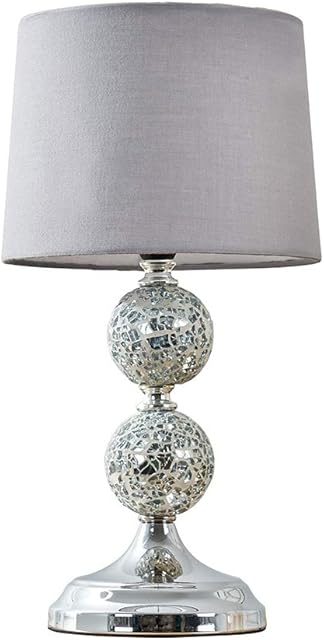 MiniSun Modern Decorative Chrome & Mosaic Crackle Glass Table Lamp with a Grey Shade