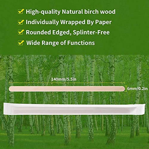 ام اف جونز 200 قطعة من ادوات تقليب القهوة الخشبية مغلفة بشكل فردي - عصي 5.5 انش، مستديرة للاستعمال مرة واحدة، للقهوة والكوكتيل والمشروبات الساخنة، بني