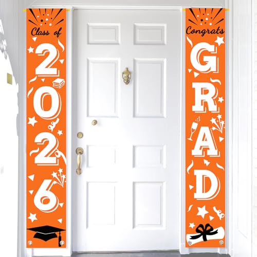 Image of Graduation Porch Banner Class Sign Congrats Grad Hanging Flags High School College University Party Decoration For Front Door Outdoor Orange