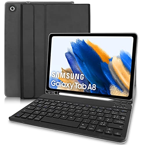 Zabatoco Étui Clavier AZERTY pour Samsung Galaxy Tab A8 10.5 2021(SM-X200/X205/X207), Français Clavier magnétique Bluetooth sans Fil avec étui de Protection PU pour Samsung Tab A8,Noir