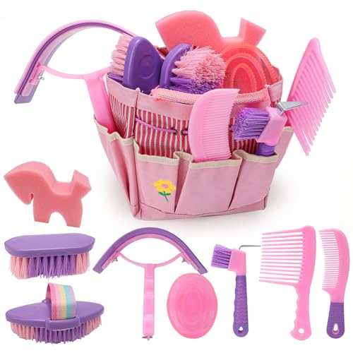 Horse Grooming Kit Horse Brushes for Grooming Supplies Set with Organizer Bag Horses Tack Brush Set for Effective Grooming and Cleaning Gift for Horse Riders Beginners Pink