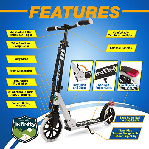Image of SereneLife Foldable Kick Scooter - Stand Kick Scooter for Teens & Adults with Rubber Grip at Tip, Alloy Deck, Adjustable T-Bar Handlebar Height, Smooth Gliding Wheels, Easy Maneuvering (Black & White)