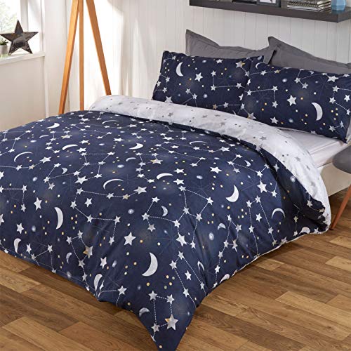 Dreamscene Omkeerbare beddengoedset met nachthemel-opdruk, materiaal polyester, 50% katoen, marineblauw met grijze… - Image 4