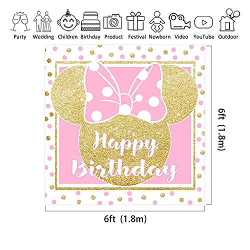 Riyidecor 6x6ft Happy Birthday Backdrop Mouse Pink Gold Polka Dots Princess Girl Photography Background Newborn Baby Shower Party Decoration Celebration Banner Props Photo Shoot Studio Fabric Cloth