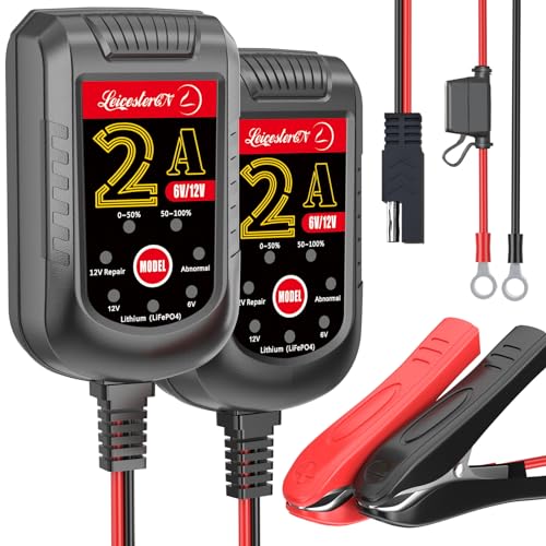 Image of 2 Pack Battery Charger 2A 6V 12V, Trickle Charger and Maintainer with Pulse Repair, Automatic Float Charger for Car Motorcycle Boat Lawn Mower ATV RV, 10FT Cable, LiFePO4 Lithium AGM Gel Lead Acid