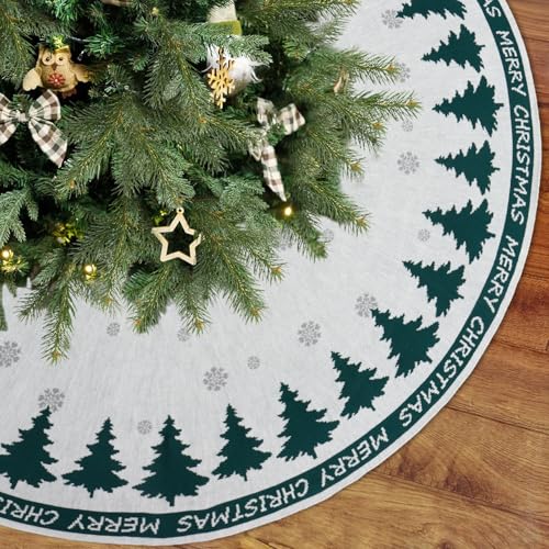 DEMIUKO Christmas Tree Skirt 48 Inches Snowflake Green Knit Christmas Tree Skirts Rustic Xmas Knit Tree Mat for New Year Home Holiday Party Christmas Decoration