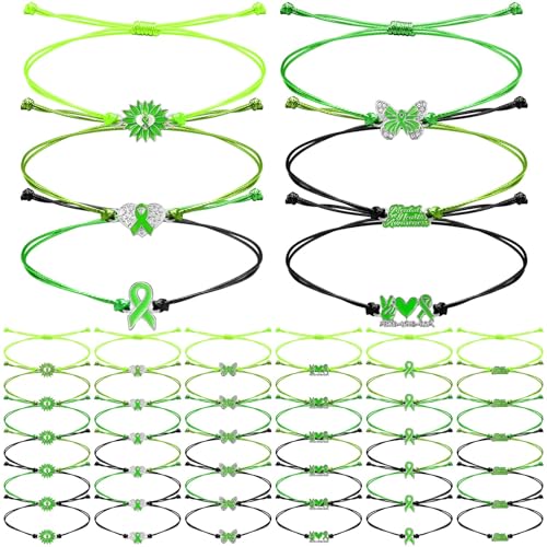 Image of Yaomiao 36 Pcs Mental Health Awareness String Bracelets Bulk Green Awareness Adjustable Wristbands for Mental Health Month Items Gift