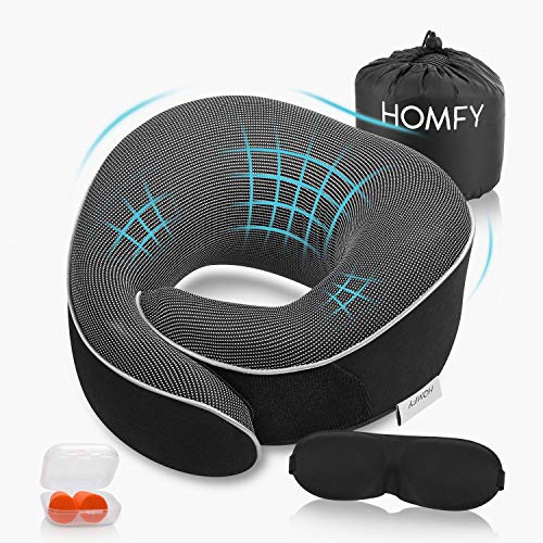 HOMFY Oreiller de Voyage Mousse à Mémoire Oreiller Coussin de Voyage avec Bouchons d'oreilles et Masque pour Les Yeux Convient aux Avions Voitures Bureaux (Noir)