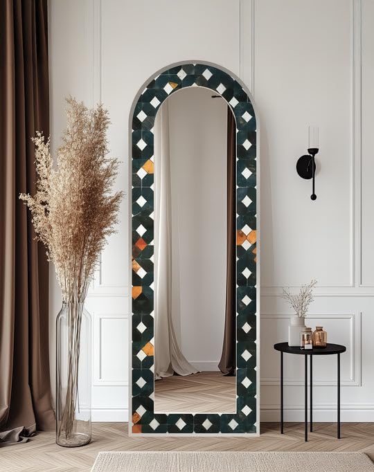 23,5’’W x 67’’H Geometric Dark Patterned - Full Lenght Floor Mirror Arched Full Lenght Mirror - Arch Full Body Stained Floor Mirror with Black Frame with Silver Frame