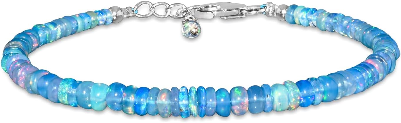 InfinityGemsArt Natural Blue Opal Gemstone Beads Bracelet for Women, Birthstone Jewelry, Chakra Energy Healing Crystals 925 Sterling Silver Chain 8 inch, Gorgeous Women Bracelet