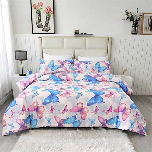 SDIII 3PCS Colorful Butterfly Comforter Set Twin, Soft Microfiber Lightweight Butterfly Comforter Twin, Butterflies Bedding for Girls Boys Kids Teens