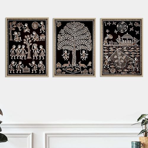 Image of ARAkri Geometric Abstract Wall Art Set of 3, Framed Poster Prints, Gold and Copper Tones, Modern Abstract, Ready to Hang, Living Room Decor (ART5, 10X 13 INCH)