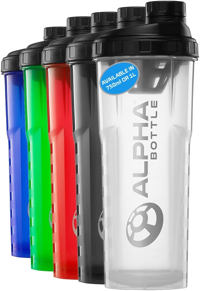 Alpha Designs Protein Shaker Bottle 1L – 1000ml Heavy Duty Gym Bottle for Protein Shakes – Leakproof Screw Cap – Clear