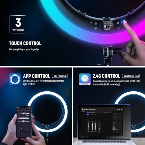 NEEWER 19" RGB LED Ring Light with Stand, 3 Phone Holders, Touch Panel, 2.4G/App Control, 42W CRI97+ 2800lux/0.5m 360° Hue Dimmable Professional Lighting for Makeup Live Streaming Zoom Calls, RP19C - image 6