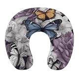 NHSGDUA Purple Butterflies Floral U-Shaped Neck Pillow, Memory Foam Travel Neck Pillows Compact and Ergonomic Design,Airplane Pillow for Traveling Car Home Office