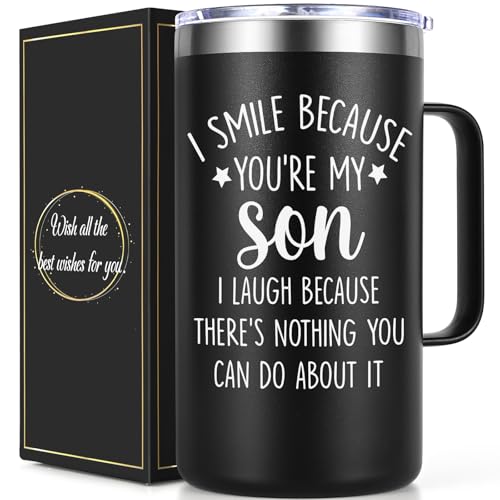 Lifecapido Son Gifts I Smile Because Youre My Son 20 oz Insulated Coffee Mug Birthday Fathers Day Birthday Gifts for Son Black