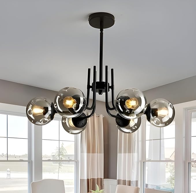 kinis Sputnik 6 Arc Black Smoke Glass Industrial Wrought Iron Ceiling Light Hanging Lamp Chandelier Pendant Light for Living Room Dining Room Bedroom Restaurant Bar (Without Bulb)-picture-10
