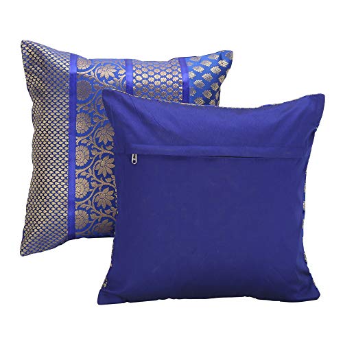 Image of Home Decor Decorative Heavy Brocade Banarsi Silk Cushion Covers Pillowcase 16 inch Rajasthani Diwan Living Room Sofa Settee Couch Cushion Pillow 40 x 40 cm (Blue, 5)