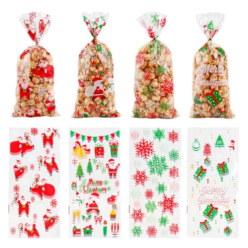 50 Pcs Christmas Cellophane Treat Bags Merry Christmas Cellophane Candy Cookies Gift Bags Clear 5X10.8 with Twist Ties for Kids Xmas Party Supplies