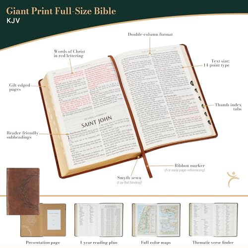 KJV Holy Bible, Giant Print Full-size Red Letter Edition, Thumb Index Tabs & Ribbon Marker, King James Version, Vegan Leather, Crown of Thorns, Brown 14 pt. Type (KJV Full Size GP Editions)