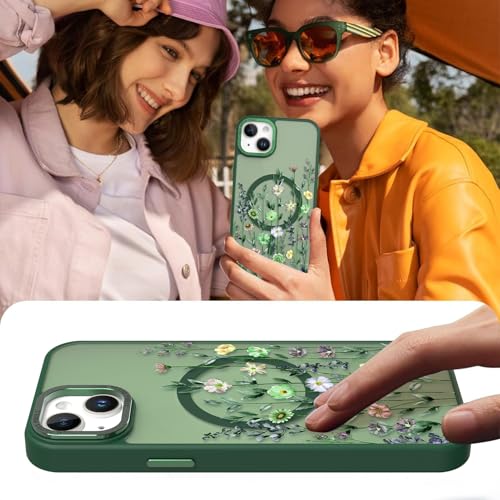 Image of Magnetic for iPhone 13 Case with for Women Girls, Green Flower | Pretty Floral Pattern Design [Compatible with MagSafe] Shockproof Slim Translucent Matte Non-Slip Protective Cover