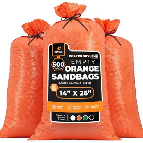 Image of Xpose Safety Heavy Duty Sand Bags with Tie Strings - Empty Woven Polypropylene Sandbags for Hurricane Flood Protection, 50 lb Capacity, 14 inch x 26 inch, Orange, Pack of 500