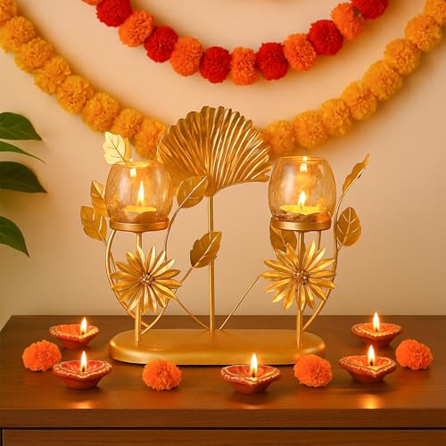 Image of MARKET 99 Metal+Glass 2 Votive T- Light Holder | Elegant Home Decor for Diwali, Christmas, Birthday, and Wedding | Decorative Candle Holder for Ideal for Festive & Ambient Lighting | Golden