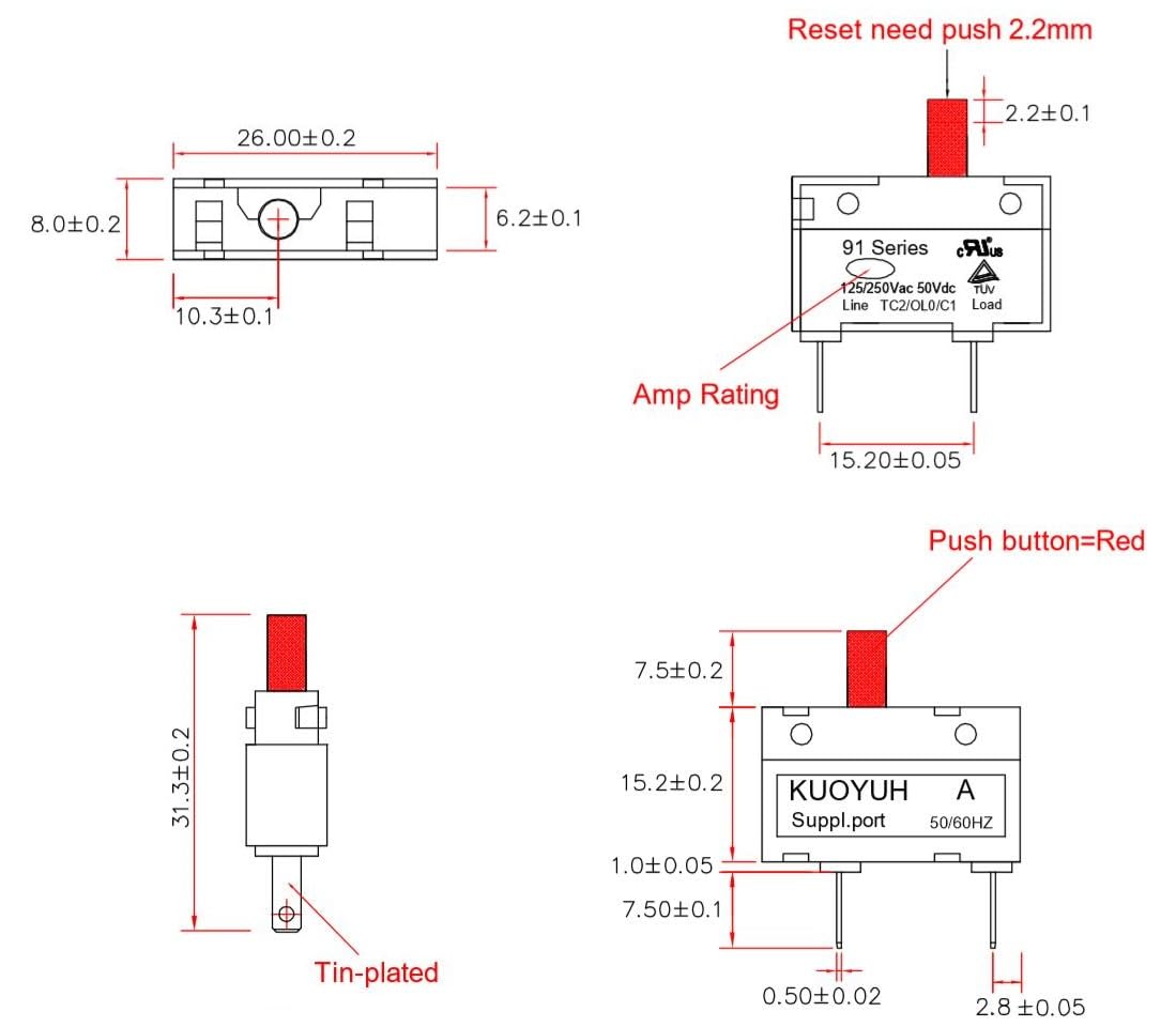 2pcs 2.5A Thermal Overload Protector Circuit Breaker, 125/250VAC 32/50VDC 91 Series Quick Connect Terminals Push-to-Reset(1Amp, 2 Pack)
