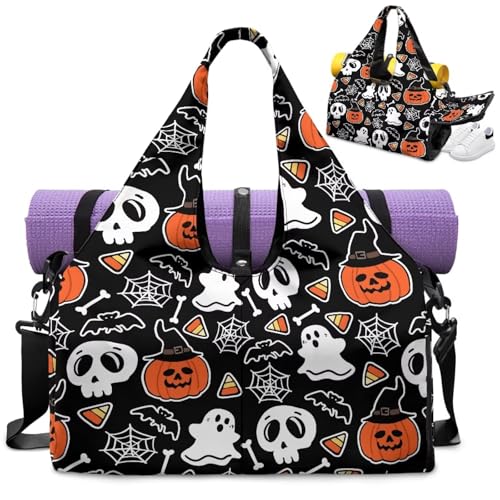 Halloween Gym Bag Men with Yoga Mat Holder, Shoe Compartments, Skull Mens Duffle Bag Double Zipper Lightweight Breathable Carry On Duffel Bag for Travel Work Gym2