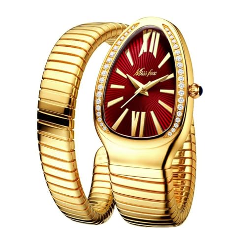 DAXIAOYU Classic Snake Shape Watch for Women Gold Silver Scaleable Bracelet Womens Watches Bling Diamonds Quartz Ladies Wristwatch (Gold-red)