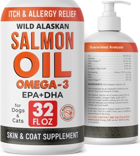 StrellaLab 32 OZ Salmon Oil for Dogs - Omega 3 for Dogs & Cats, Itch & Allergy Relief, Wild Alaskan Salmon Oil for Skin & Coat, Fish Oil Liquid, Shedding Health Support EPA & DHA Fatty Acids