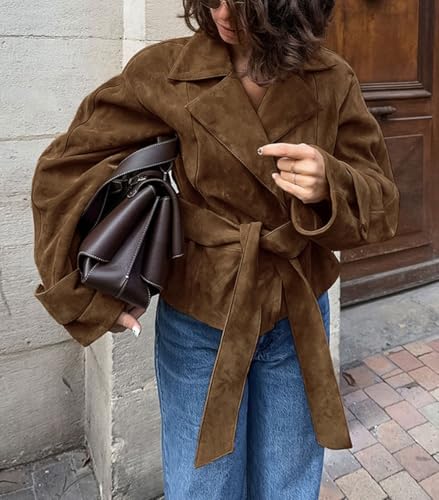 CHARTOU Faux Suede Leather Jacket 2025 Vintage Casual Cropped Wrap Coat with Belt4
