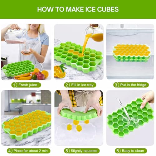 Image of Solitude 2 Pcs Flexible Silicone Ice Cube Trays for Freezer | Stackable, Soft Easy-Release Honeycomb Shape 74 Cavities Small Cubes Tray with Lid for Bar Whiskey Cocktail Fridge (Green)