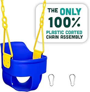 Premium High Back Full Bucket Toddler Swing Seat with Finger Grip, Plastic Coated Chains and Carabiners for Easy Install - Blue - Squirrel Products