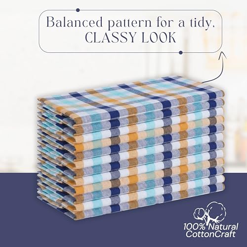 Image of Check Dish Towels 4 Pack, 18 inchx26 inch, Absorbent Hand Towels for Kitchen Use, Quick Dry Cloths, Durable Washable Rags, Reusable Dishcloth Set - Indigo Blue, Mustard Yellow, Aqua Blue