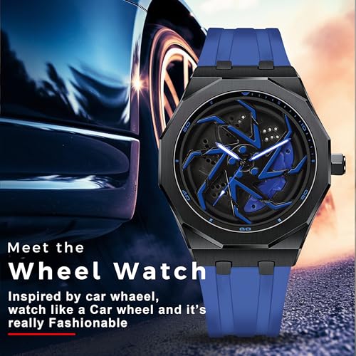 Image of IIK COLLECTION Men's Car Wheel Watch with Spinning Car Rim Hub Design with Silicon Strap|| Analog | Quartz Movement|| Water Resistant, Scratch Resistant