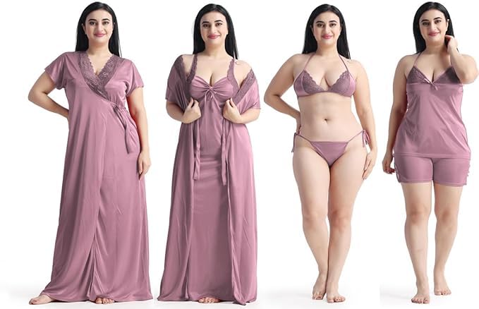 Image of Satin 6 Piece Nightwear Set, Coral Pink Lace Trim Sleepwear with Robe, Nighty, Top, Shorts, Lingerie Set for Women, Summer Collection-Mehndi Green.