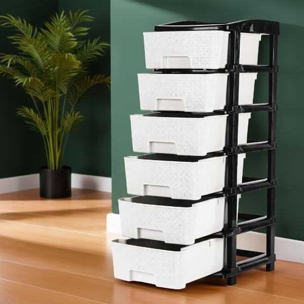 Image of KITCHIVO Plastic Modular Drawer Storage Chest Of Drawers Organizer Storage Box, Large Stomo Racks For Multipurpose Anti-slip Shoes Organizers (White & Black, 6 Layer)