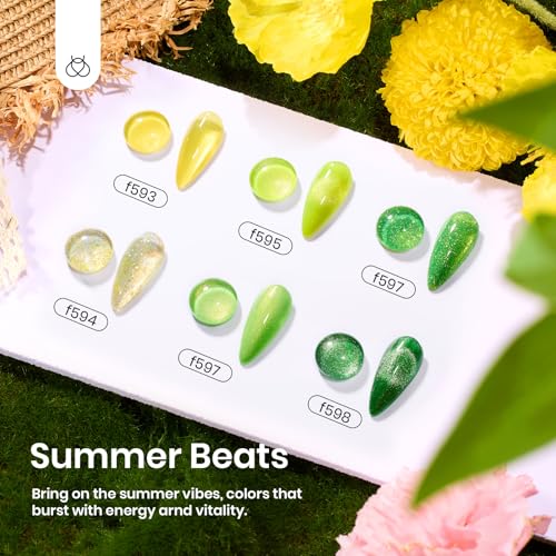 Image of Beetles Green Gel Nail Polish Set - 6 Colors Cat Eye Sparkle Glitter Gel Polish Starter Kit with Magnet, Summer Lime Yellow Flash UV LED Gel Nail Kit for DIY Home & Salon Use