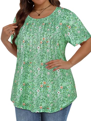 Image of Plus Size Tops for Women Pleated Summer Top Trendy Short Sleeve Shirts Casual Basic Tee Crew Neck Blouses 2026
