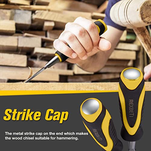 Rexbeti 10Pcs Premium Wood Chisel Set, 6Pcs Wood Chisel With 1 Honing Guide, 1 Sharpening Stone And 2 Carpenter Pencils, Heat-Treated Cr-V Alloy Blades, Yellow #TOP4