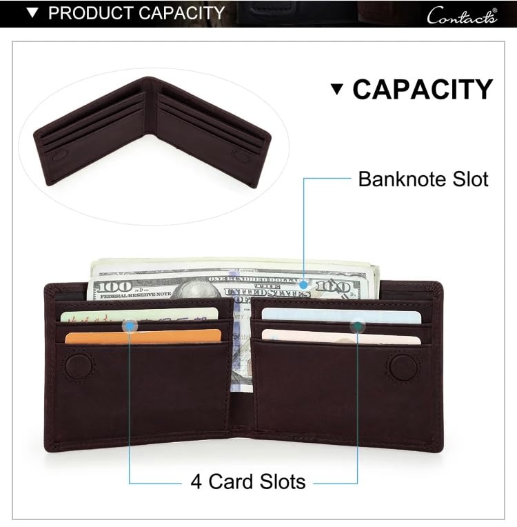 Image of Contacts Genuine Leather Wallet for Men | Slim Bifold Wallet with Magnetic Closure | 4 Card Slots & Cash Compartment | Premium Brown Leather Wallet