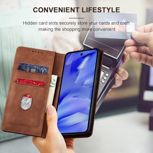 Image of Jasonyu Flip Wallet Case for Google Pixel 9A,Leather Magnetic Folio Cover with Card Holder,Kickstand - TPU Shockproof Durable Protective Phone Case,Brown
