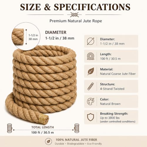 Image of 1-1 /2 Inch x 100FT Jute Rope 25mm 4-Strand Thick Twisted Hemp Rope