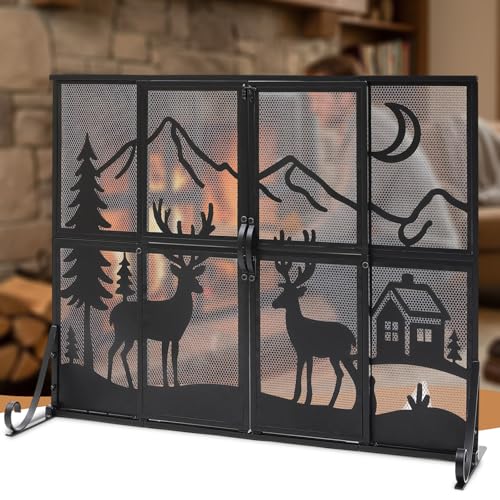 Fiwochic Fireplace Screens with Sliding Doors 37.8 W x 30.7 H with Deer Pattern 8 Panel Handcrafted Wrought Iron Decorative Mesh Fire Spark Guard Protector for Living Room Indoor Children Pet Safety